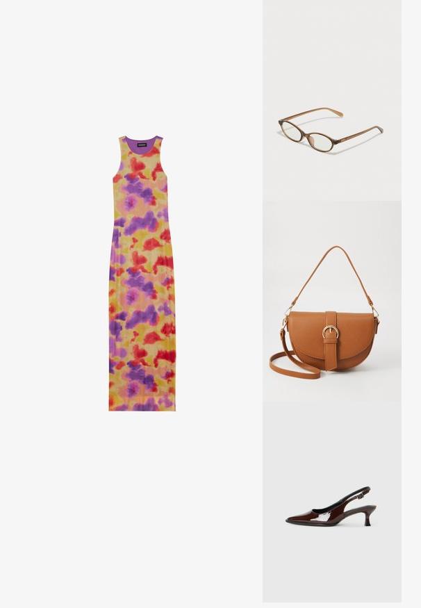 Largo vestido sin mangas con un diseño ajustado. Presenta una base amarilla con patrones abstractos en rojo, púrpura y naranja. Textura acanalada y cuello redondo.; Zapato slingback de charol marrón con punta afilada y tacón moderado. Cuenta con una correa con hebilla para un ajuste seguro. Textura suave.; Gafas de carey marrón con lentes ovalados, patas delgadas y acentos transparentes. Presenta un sutil logo en la varilla. Diseño elegante y ligero.; Bolso bandolera de cuero marrón con forma curvada, herrajes dorados y un acento de hebilla. Incluye una correa de hombro desmontable.