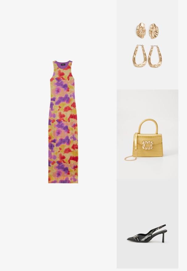 Long sleeveless dress with a fitted design. Features a yellow base with red, purple, and orange abstract patterns. Ribbed texture and round neckline.; Black patent leather slingback shoe with pointed toe, ankle straps featuring silver buckles and hardware, and a slender heel.; Yellow faux-crocodile handbag with a structured design, top handle, detachable chain strap, and decorative crystal embellishment on the clasp.; Gold-tone earrings featuring textured, wavy shapes. Includes sculptural clip-on studs and open hoop design with a hammered finish.