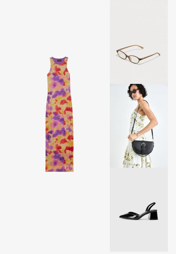 Pitkä hihaton mekko, jossa on tiukka muotoilu. Ominaisuuksina keltainen pohja, jossa on punaisia, purppuroita ja oransseja abstrakteja kuvioita. Röyhelöinen pinta ja pyöreä kaula-auko.; Mustat patentoitu nahkakengät, joissa on säären takaosa ja terävä kärki, sekä geometrinen palikkakorko. Sisältää tyylikkään, minimalistisen muotoilun ja sileän pinnan.; Ruskeat kilpikonnaruutulasiset silmälasit, joissa ovaalit linssit, ohuet varret ja läpinäkyvät yksityiskohdat. Temppeleissä on huomaamaton logo. Suunnittelultaan suora ja kevyt.; Musta nahkainen käsilaukku, joka on kaareva muotoilultaan, irrotettavalla hihnalla ja kultaisilla yksityiskohdilla. Laukussa on läppä, jossa on solk yksityiskohta.