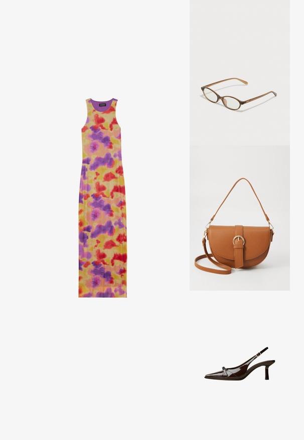 Lång ärmlös klänning med en figurnära design. Har en gul bas med röda, lila och orange abstrakta mönster. Ribbad textur och rund halsringning.; Brun lackläder slingback-sko med spetsig tå, låg klack och en dekorerande rosett på framsidan. Slät, glansig yta.; Bruna sköldpaddsformade glasögon med ovala linser, tunna skalmar och transparanta detaljer. Innehåller en diskret logotyp på bågen. Snygg, lätt design.; Brun läder crossbody-väska med en böjd form, gyllene detaljer och en spänneaccent. Har en avtagbar axelrem.