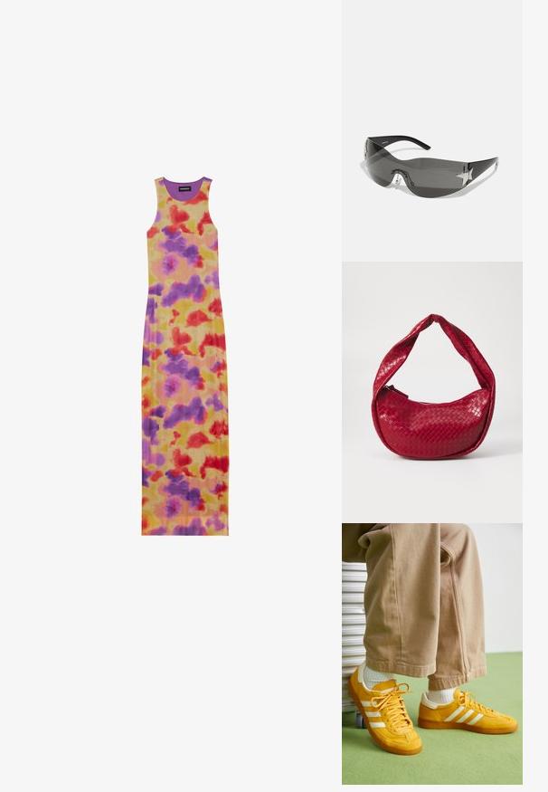 Ilga be rankovių suknelė su prigludusia forma. Su geltonu pagrindu ir raudonomis, purpurinėmis bei oranžinėmis abstrakčiomis sanklodomis. Raukšlėta tekstūra ir apvaliu iškirpimu.; Geltonos suedesnios kedai su baltomis juostelėmis, turintys guminį pado, audinių raištelius ir paminkštintą apykaklę, derinami su bežinėmis medvilninėmis kelnėmis.; Juodos saulės akinius su apvaliu dizainu, tamsiai tonuotais lęšiais, blizgančiais žvaigždės formos akcentais ir reguliuojamomis nosies pagalvėlėmis.; Raudona pintinė odinė rankinė su lenkta, paminkštinta rankena, užtrauktuku ir tekstūruotu paviršiumi, kuriame matomas blizgus spindesys.