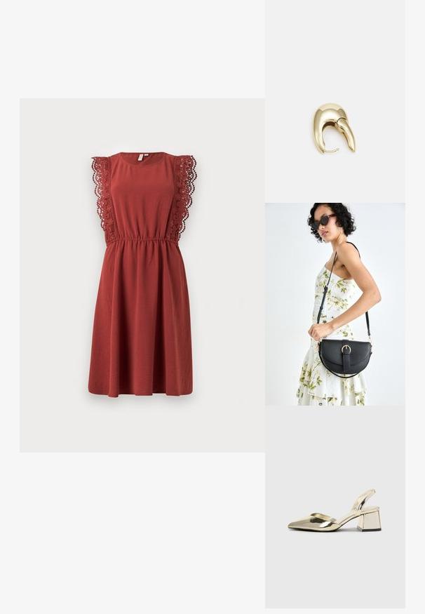 Raudona suknelė su trumpomis nėrinių apdailos rankovėmis, apvaliu iškirpimu ir elastinga juosmeniu. Pagaminta iš minkštos medžiagos, turinti laisvą A formos siluetą.; Auksiniai, metaliniai slingback aukštakulniai bateliai su smailiu pirštu ir masyviu kulnu. Lygus paviršius, minimalizmo dizainas ir siaura juostelė.; Juodas odinis krepšys su išlenkta forma, nuimamu dirželiu ir auksiniais detalėmis. Krepšys turi kilpą su sagtimi.; Aukso tono metalinės auskarai su stilingu, kreiviu dizainu. Išsiskiria ryškiu smailiu pavidalu, poliruota paviršiumi ir užsegimu su vyriu.