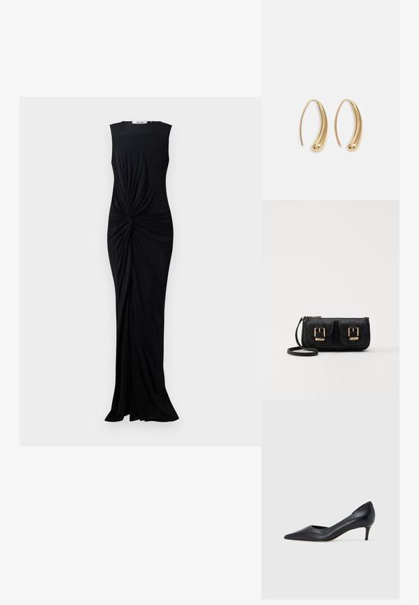 Czarna, bezrękawnikowa sukienka z gładkiego materiału, z twisted detalem w pasie i długością do podłogi. Prosty, okrągły dekolt.; Czarny skórzany czółenek z szpiczastym noskiem i niskim obcasem. Charakteryzuje się gładką fakturą i subtelnym połyskiem. Przód z wycięciem dla dodatkowego detalu.; Czarna skórzana torba na ramię z dwoma przednimi kieszeniami, złotymi klamrami, zamkiem błyskawicznym i cienkim paskiem. Teksturowana powierzchnia i kompaktowy prostokątny kształt.; Złote metalowe kolczyki w kształcie obręczy o zakrzywionym, wydłużonym kształcie. Posiadają gładką, błyszczącą powierzchnię oraz zaokrąglony koniec dla dodatkowego efektu.