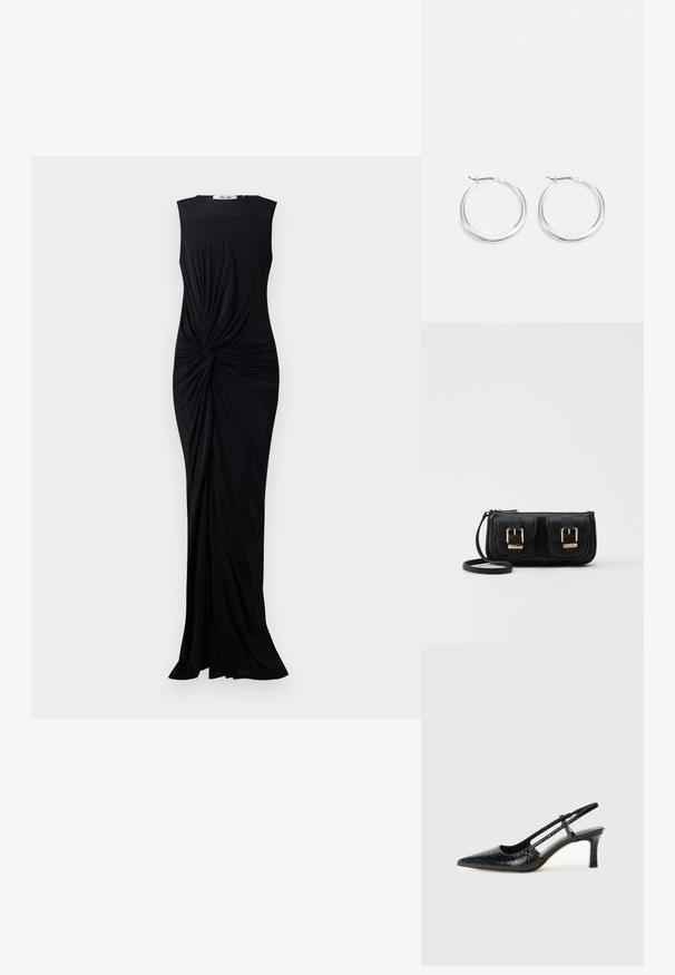 Črna brezrokavna obleka iz gladkega blaga, z zvitim detajlom v predelu pasu in dolžino do tal. Preprosta okrogla izreza.; Črne lakaste slingback pete s koničastim nosom, ki imajo teksturiran vzorec kačje kože, nastavljiv trak in kratek teksturiran blok peto.; Črna usnjena torbica čez ramo z dvema sprednjima žepoma, zlatimi zaponkami, zadrgo in ozkim pasom. Tekstura površine je strukturirana, obliko pa ima kompaktno pravokotno.; Srebrni obroči za ušesa imajo gladko, zaobljeno obliko z tankim profilom in varnim zapiranjem. Minimalističen stil z sijočo površino.