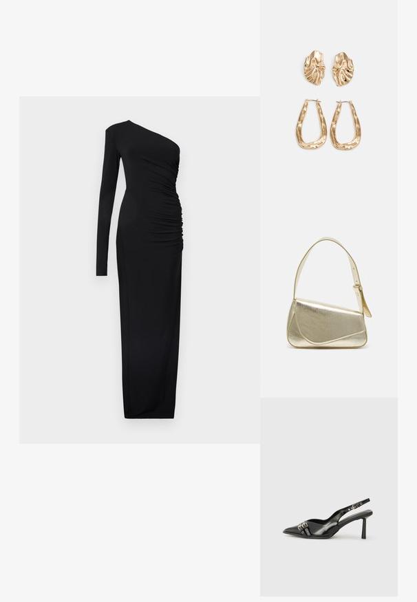Čierne šaty na jedno rameno s dlhým rukávom a riasením po boku, vyrobené z hladkého, elastického materiálu, dĺžka po zem.; Čierne lakované kožené slingback topánky s špicatou špičkou, remienkami okolo členku s striebornými prackami a hardvérom, a štíhlým podpätkom.; Zlatá metalická kabelka so štruktúrovaným dizajnom, hladkou textúrou a nastaviteľným popruhom. Obsahuje jedinečný trojuholníkový tvar a minimalistické šitie.; Náušnice v zlatej farbe s textúrovanými, vlnitými tvarmi. Obsahujú sochárske klipsové náušnice a otvorený tvar krúžku s kladivkovým povrchom.