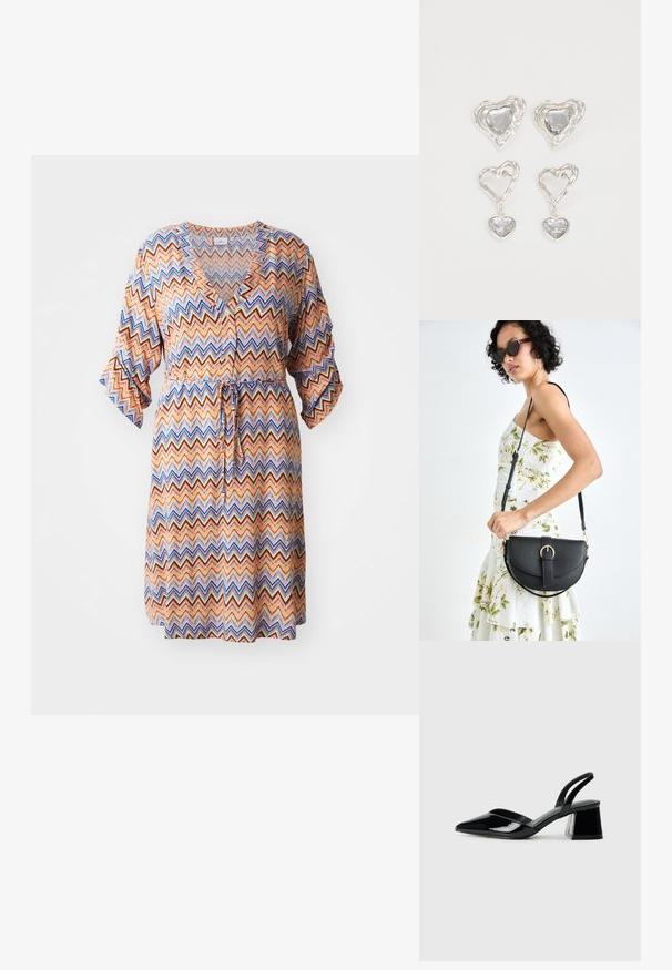 Mustriline kleit, millel on oranž, sinine ja kreemikas zigzag-muster. Kleit on V-kaelusega, kolmeveerandsleeved ja seotud vöökohaga.; Mustad musta lakknahk kingad, millel on terav varvas ja geomeetriline plokkkonts. Omab elegantselt minimalistlikku disaini ja sujuvat tekstuuri.; Mustmust mustraha kõverate joontega, eemaldatava rihmaga ja kuldsete detailidega. Kotil on klapp, millel on pandladetail.; Hõbedased südamekujulised kõrvarõngad on kaunistatud lõhikute ja selgete kividega ning neil on tekstureeritud raam. Komplekti kuuluvad kõrvarõngad nupud ja rippuvad mudelid.