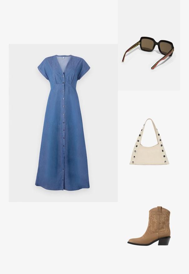 Modra denim obleka s kratkimi rokavi, V-izrezom in gumbom spredaj. Ima nabranost pod prsmi in raven dolg kroj.; Rjavi nubuk usnjeni zahodni gleženjski čevelj s koničastim nosom, vezenim vzorcem in nizkim, zloženim črnim peto. Ima zanke za enostavno obuvanje.; Črne prevelike sončna očala s rjavimi lečami. Imajo edinstvene črtaste ročke v zeleni in rdeči barvi, ter zlato kovinsko opremo. Kvadratna oblika.; PULL&BEAR SHOULDER - Torba za nakupovanje - beige