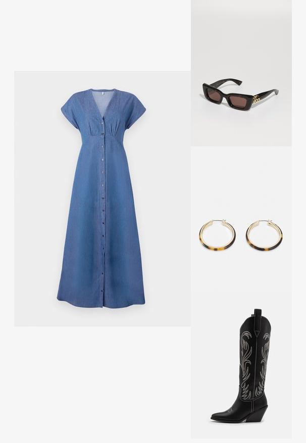 Sininen farkkumekko lyhyillä hihoilla, V-kaula-aukolla ja napitettavalla edellä. Sisältää kootut yksityiskohdat rinnan alla ja suoraviivaisen, pitkän siluetin.; Mustat nahkasaappaat cowboy-tyyliin, joissa on terävät varpaat, viistot korot ja hopeiset brodeeratut kukkakuviot varressa. Eroava ompelu koko saappaassa.; Mustat kilpikonnaruudulliset aurinkolasit, joissa on suorakulmaiset linssit, ruskea sävy, paksu kehys ja kultainen tupla-G-logo yksityiskohta templeissä.; Kultaiset renkaat korvakorut, joissa on kilpikonnakuosiset hartsireunat, sileä pinta ja tyylikäs, pyöreä muoto.