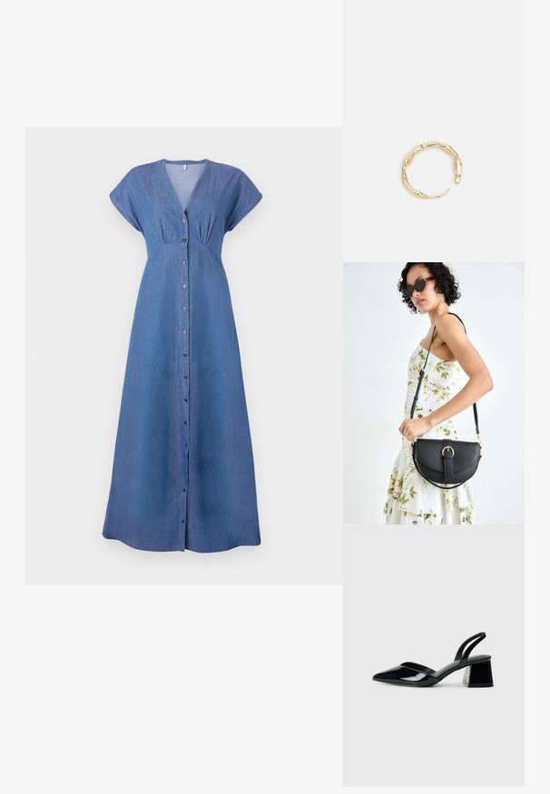 Mėlynas džinsinis suknelė su trumpomis rankovėmis, V formos iškirpte ir sagčių užsegimu priekyje. Yra surinkto audinio detalės po krūtine ir tiesi, ilga siluetas.; Juodos lakuotos odinės šlepetės su smailiu pirštu ir geometriniu bloko kulnu. Turi elegantišką, minimalistinį dizainą ir lygų paviršių.; Juodas odinis krepšys su išlenkta forma, nuimamu dirželiu ir auksiniais detalėmis. Krepšys turi kilpą su sagtimi.; Auksinės spalvos žiedas, turintis organišką, sukimosi dizainą su lygiu paviršiumi ir siaurėjančiais galais, sukuriantis modernią skulptūrinę išvaizdą.