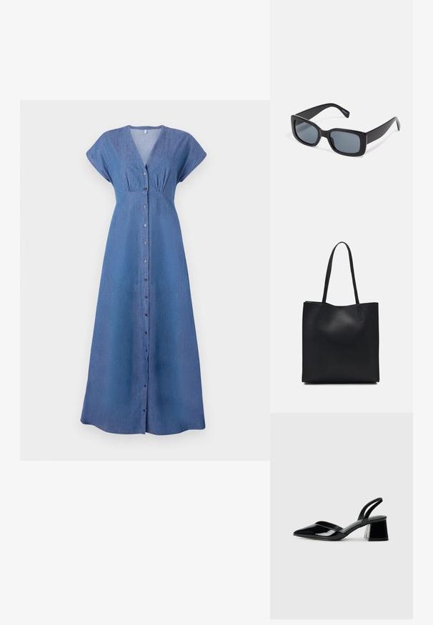 Blå denimkjole med korte ermer, V-hals og knappestolpe foran. Har et samlet detalj under brystet og en rett, lang silhuett.; Svarte patentlær slingback hæler med spiss tå og geometrisk blokk hæl. Har et stilrent, minimalistisk design og jevn tekstur.; Sorte rektangulære solbriller med mørkt tonede linser, tykk plastramme og brede stenger. Glatt overflate og vinklet design.; Svart lær tote bag med glatt tekstur, rektangulær form og to lange håndtak. Ingen synlige deler eller dekorasjoner.