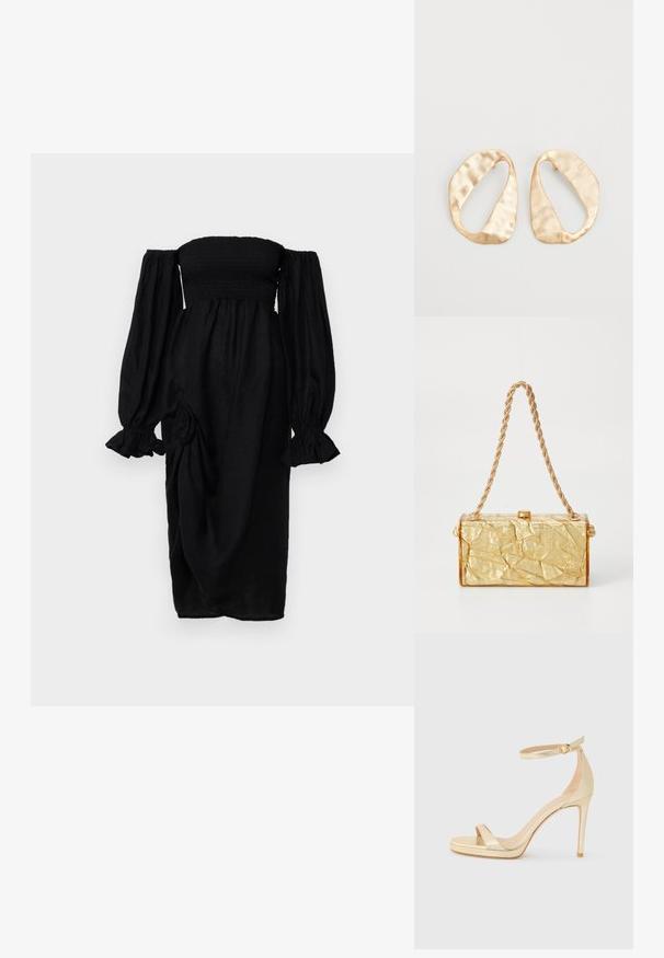 Sleeper ATLANTA DRESS - Denní šaty - black; Zlaté metalické vysoké sandály na podpatku s otevřenou špičkou, řemínkem kolem kotníku s přezkou a platformou pro větší výšku. Hladký povrch.; Zlatá kabelka s mačkanou strukturou a obdélníkovým tvarem, s řetízkem na nošení a sponou na zavření nahoře. Hladký, lesklý povrch.; Pár nepravidelných oválných náušnic z kovu pozlaceného zlatem s texturovaným, mírně kladivkovým povrchem na bílém pozadí.
