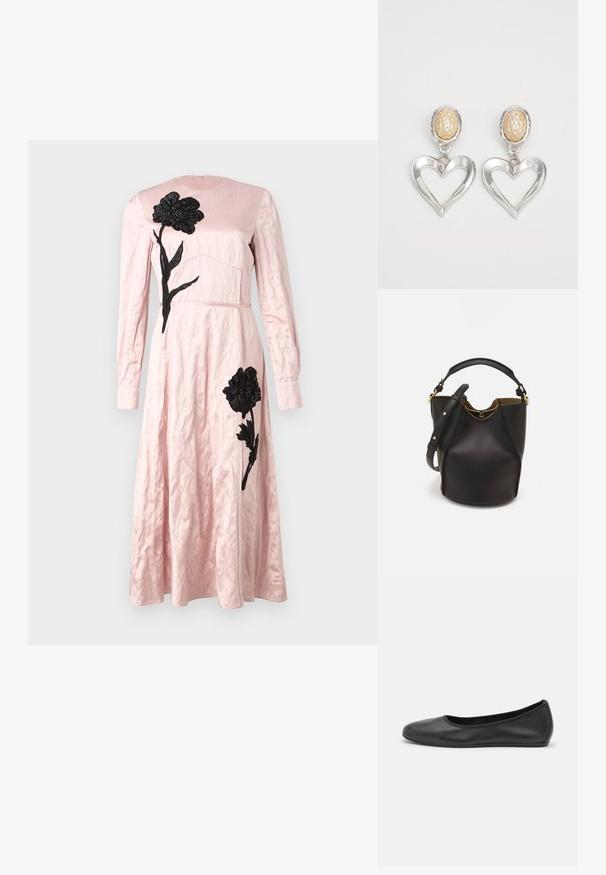 Rožinė suknelė su tekstūruotu paviršiumi, pasižyminti juodos spalvos gėlių siuvinėjimu ant liemeno ir sijono, ilgomis rankovėmis ir apvalia iškirpte.; Juodai odiniai baletai su apvaliu pirštu, lygi texture, minimalus siuvimo detales ir lanksčiu padų dizainu.; Juodas odinis kibiro tipo krepšys su tekstūruotu paviršiumi, auksiniais detalėmis ir atvira viršūne. Yra trumpa rankena ir reguliuojama petneša.; Sidabrinės širdelės formos auskarai su blizgiu paviršiumi. Kiekvienas turi tekstūruotą bežinę ovalią studę. Elegantiškas ir lengvas dizainas.