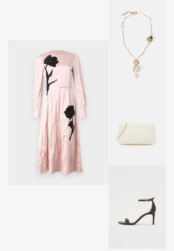 Rozā kleita ar teksturētu apdari, kas iekļauj melnu ziedu izšuvumu uz krūšu un svārku daļas, garām piedurknēm un apaļu dekoltē.; Melnas ādas augstpapēžu sandales ar potītes siksniņu. Iezīmes gluda tekstūra, atvērta purngala un plāna papēža. Zelta krāsas sprādzes detaļa.; Balta teksturēta pleca soma ar salocītu dizainu, kas aprīkota ar zelta ķēdes siksnu. Gluda virsma ar smalkām viļņveida formām un noapaļotām malām.; Zelta tonis kaklarota ar savirpinātām saistēm, baltām pērlem un zaļa akmens akcentu. Izceļas ar sarežģītām detaļām un aizdari, lai nostiprinātu.