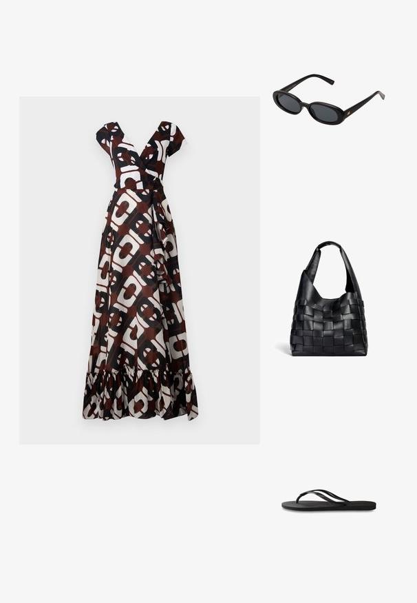 Maksi obleka v rjavi, beli in črni tkanini z izrazitim geometrijskim vzorcem. Ovratnik v obliki črke V, kratki rokavi in drapiran rob.; Črne natikače z teksturirano gumijasto podlogo, dvema ozkima trakoma in subtilnim, vtisnjenim logom na traku.; Črne oversize sončne očala z ovalnimi lečami, gladkim plastičnim okvirjem in zlatenimi detajli na templjih. Temne leče zagotavljajo zaščito pred soncem.; Črna usnjena torba za rame s pletenim vzorcem in ohlapno obliko ter širokim naramnim trakom. Ima teksturiran, prepleten dizajn s gladkim zaključkom.