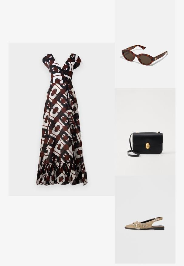 Maxi suknelė, pagaminta iš rudos, baltos ir juodos medžiagos, su ryškiu geometriniu raštu. V-kaklas, trumpomis rankovėmis ir raukšlėtu apvadu.; Prašmatnūs smėlio spalvos patentuoti slingback batai su smailiu pirštu, dviem reguliuojamais sagtimis ir žemu juodu kulnu. Lygus paviršius su blizgiu apdaila.; Kiaušinio lukšto saulės akiniai su apvaliais rėmeliais, tamsiais lęšiais ir auksiniu logotipu ant šventyklų. Lygus plastiko paviršius, jokie matomi raštai.; Juodas odinis rankinukas su struktūrine stačiakampio forma. Yra auksinė ovali sagtis ir plona petneša. Glotni tekstūra.