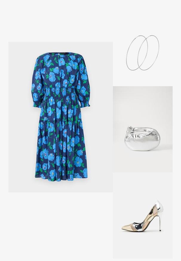 Cvečni midi oblek v mornarsko modri barvi z velikimi modrimi cvetovi in zelenimi listi. Ima napihnjene rokave, smockan pas in večplastno obliko krila.; Čevlji z visoko peto in konico, v barvni kombinaciji srebrne, zlate in nude. Sijajna obdelava z izrezljanim dizajnom, z igličasto peto.; Srebrna kovinska torbica z mehko, zaobljeno obliko in zavezano zgornjo zaporo. Narejena iz gladkega umetnega usnja.; Srebrne uhane v obliki obroča z minimalističnim dizajnom. Krožna oblika, gladka tekstura in tanek profil. Lahki s poliranim zaključkom.