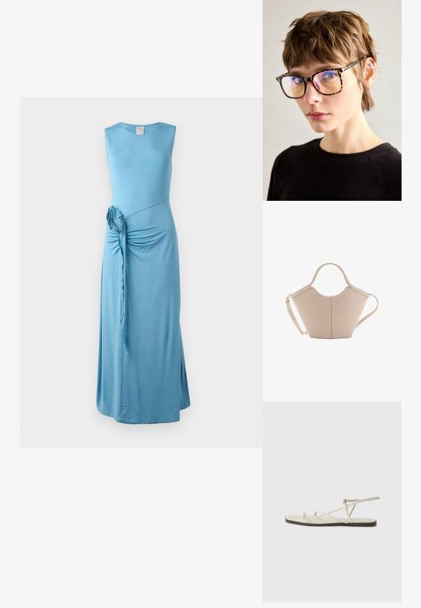 Rochie maxi fără mâneci, de culoare albastră, cu detaliu răsucit pe lateral și un accent floral. Fabricată dintr-un material moale, elastic, cu o textură fină.; Sandalie plate bej cu multiple bretele subțiri și o cataramă ajustabilă. Talpa este plată, cu un ușor contrast întunecat la margine.; Ochelari tartan cu rame mari și dreptunghiulare, având lentile reflective și tije subțiri, purtați pe un fundal neutru.; Geantă de mână bej din piele cu o formă unică, dotată cu două mânere scurte și o curea lungă ajustabilă. Textură netedă, cu hardware minim.