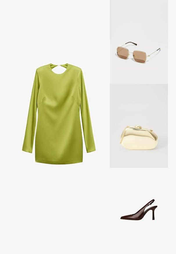 Rochie mini cu mânecă lungă din satin verde strălucitor, având decolteu rotund în formă de cheie și detalii pe laterale. Textură netedă cu un siluetă elegantă.; Pantofii slingback din piele maro au vârful ascuțit și tocul subțire. Prezintă o mică cataramă de accent pe curea și un finisaj lucios.; Ochelari de soare din metal auriu, cu o formă pătrată, lentile de culoare maro, și accente subtile de verde și roșu pe ramă. Brațele subțiri și elegante.; Clutch metalizat de culoare aurie, cu o formă netedă și rotundă, având un închizător tip buton în partea de sus și o curea mică pentru purtare.