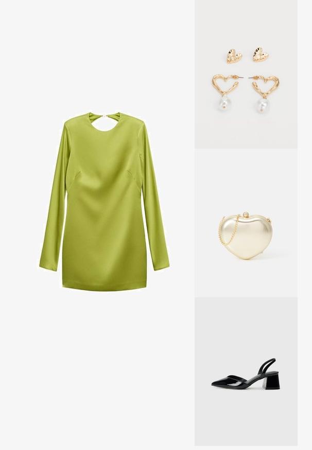 Minikleid mit langen Ärmeln aus leuchtend grünem Satin, ausgestattet mit einem runden Schlüssel-Ausschnitt und Seitennahtdetails. Glatte Textur und eine elegante Silhouette.; Schwarze Lackleder-Slingback-High Heels mit spitzem Schuh und einem geometrischen Blockabsatz. Verfügt über ein schlankes, minimalistisches Design und eine glatte Textur.; Goldfarbener, metallischer, herzförmiger Clutch mit einer Kettenriemen und einer Perlenverschluss-Detail. Glatte Textur, kompaktes Design für kleine Essentials.; Herzförmige Ohrringe in Goldton mit strukturierter Oberfläche, mit einem hängenden Perlenakzent. Einschließlich passender Herz-Stiftohrringe.