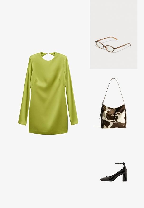 Minikleid mit langen Ärmeln aus leuchtend grünem Satin, ausgestattet mit einem runden Schlüssel-Ausschnitt und Seitennahtdetails. Glatte Textur und eine elegante Silhouette.; Schwarze Lackleder-Pumps mit Knöchelriemen und glänzender Oberfläche, spitzer Zehenform und dickem Blockabsatz. Sanfte Textur, minimalistische Details.; Braune Schildpatt-Brille mit ovalen Gläsern, dünnen Bügeln und transparenten Akzenten. Verfügt über ein dezentes Logo am Bügel. Elegantes, leichtes Design.; Braune und cremefarbene Kuhhaut-Umhängetasche mit einem glatten Ledertrageriemen, Reißverschluss und einer weichen, strukturierten Oberfläche mit einem natürlichen Muster.
