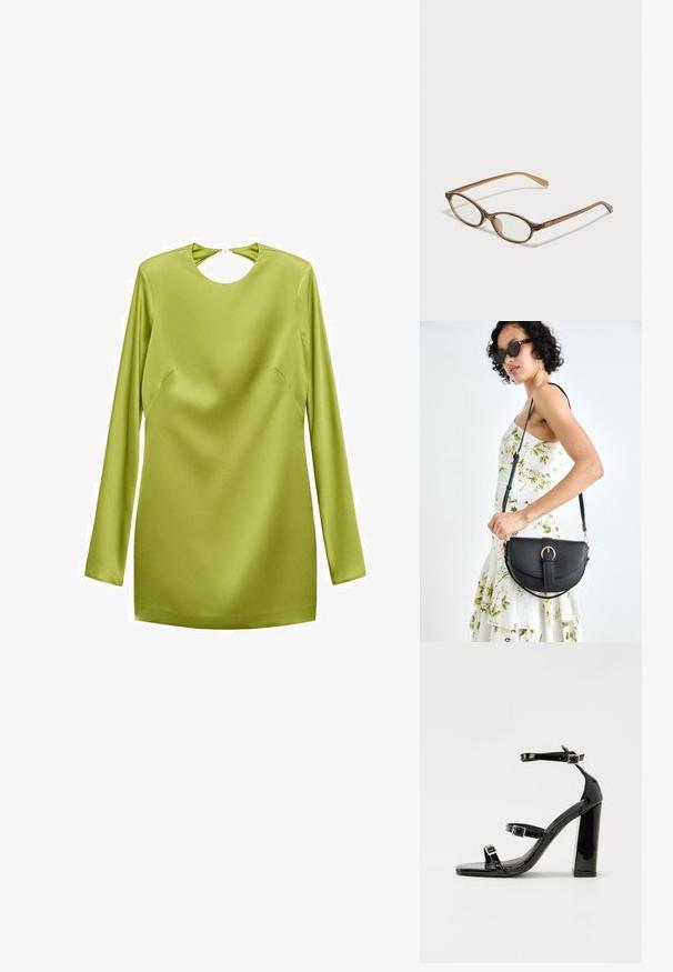 Mini obleka z dolgimi rokavi v svetlo zeleni satenski barvi, z okroglo odprtino za vrat in stranskimi šivi. Gladka tekstura z elegantno silhueto.; Črne lakirane sandale s peto, kvadratnim prstom, trakovi okrog gležnja in srebrnimi zaponkami. Opremljene so s stabilno Debelo peto.; Rjavo želvovina očala z ovalnimi lečami, tankimi ročaji in prosojnimi detajli. Imajo subtilen logo na templetu. Eleganten, lahek dizajn.; Črna usnjena torbica s ukrivljeno obliko, z odstranljivo naramnico in zlatimi dodatki. Torbica ima pokrov s podrobnostmi v obliki zaponke.