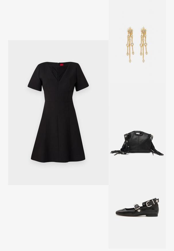 Fekete ruha, testhezálló felső résszel és bővülő szoknyával. Rövid ujjakkal, V-nyakkal, hátsó cipzárral és a formázott sziluettet kialakító varrásokkal rendelkezik.; Fekete lakkbőr lapos cipő négyzet alakú orral, ezüst hardware-rel ellátott bokapánttal és lapos talppal. Simaságával és minimalista dizájnjával kiemelkedő.; Maje MISS MINI - Keresztpántos táska - noir; Aranyszínű fülbevalók, több zuhanó lánccal, tiszta ovális strasszköves díszítéssel és dekoratív fülbevaló tetejével.