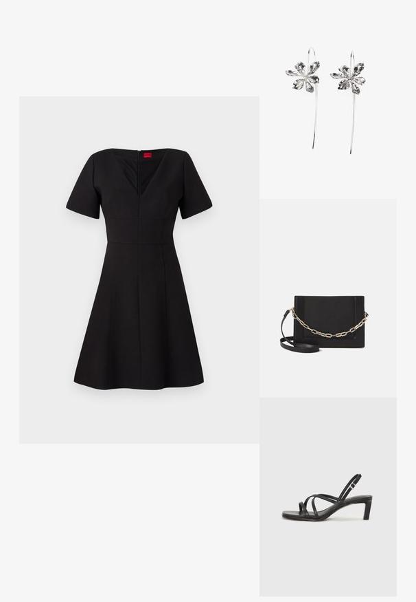 Vestido negro con un corsé ajustado y falda acampanada. Cuenta con mangas cortas, escote en V, cremallera en la parte posterior y costuras que crean una silueta estructurada.; Sandalia negra de tiras con punta cuadrada y tacón bajo de bloque. Presenta múltiples tiras delgadas y una correa ajustable en el tobillo. Fabricada en cuero suave.; Bolso cruzado de piel negra con textura suave, forma rectangular y un detalle de cadena metálica en el frente. Incluye una correa ajustable.; Pendientes de plata en forma de flor con un acabado texturizado, que presentan ganchos largos y detalles en forma de pétalos para un diseño intrincado.