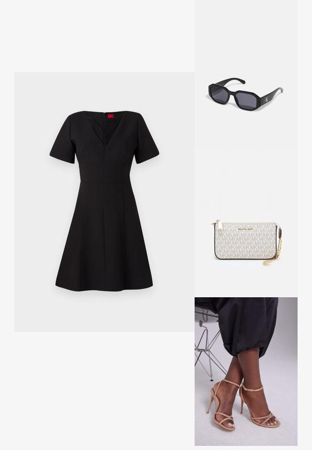 Vestido negro con un corsé ajustado y falda acampanada. Cuenta con mangas cortas, escote en V, cremallera en la parte posterior y costuras que crean una silueta estructurada.; Sandalias de tacón beige con embellishments de cristal, con punta abierta, tiras finas y una silueta elegante.; Gafas de sol negras con un marco octagonal, lentes oscuros, material de plástico brillante y un acento de logo plateado en un lado.; Monedero de muñeca Michael Kors en lona recubierta beige que presenta un patrón repetido del logo MK, herrajes dorados y una correa de cadena desmontable.; Pendientes metálicos dorados con un diseño ondulado; superficie lisa y reflectante; forma asimétrica; sin patrones o elementos visibles.