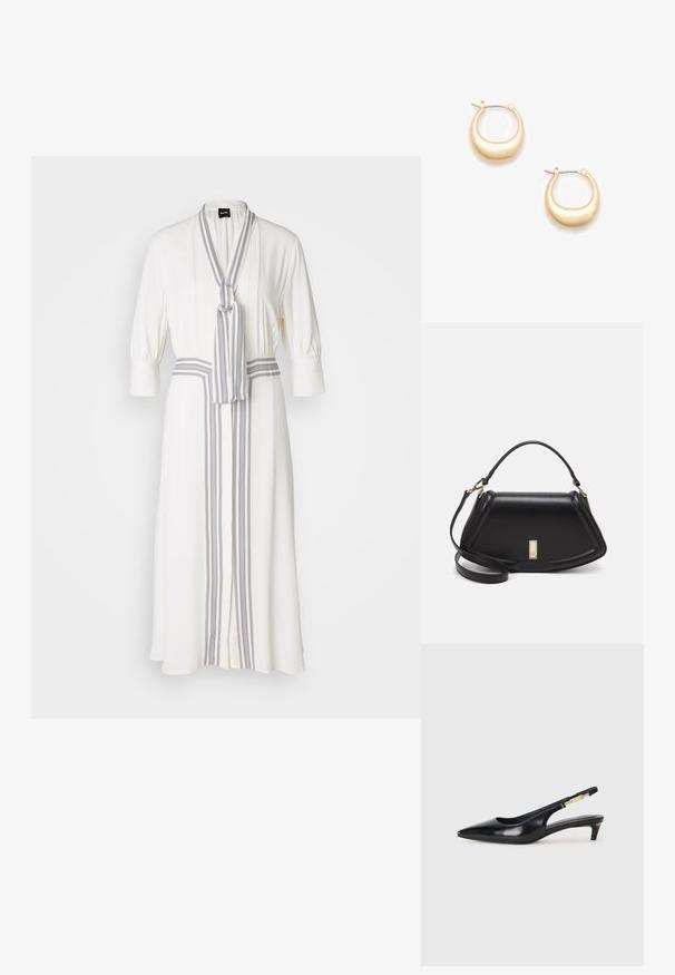 Biała sukienka o kroju z owijaniem, z paskiem w paski przy dekolcie i centralnym paskiem biegnącym wzdłuż przodu, z rękawami o długości trzech czterech części.; Czarne skórzane szpilki typu slingback z ostrym noskiem, posiadające smukły obcas i złoty akcent na regulowanym pasku. Gładka tekstura.; Czarna skórzana torebka o strukturalnym designie, z przyciętą formą, górnym uchwytem i złotymi akcentami. W zestawie regulowany pasek na ramię.; Złocone kolczyki w kształcie okręgów o gładkiej, zaokrąglonej formie i błyszczącej powierzchni. Zabezpieczone srebrnym zawiasem.