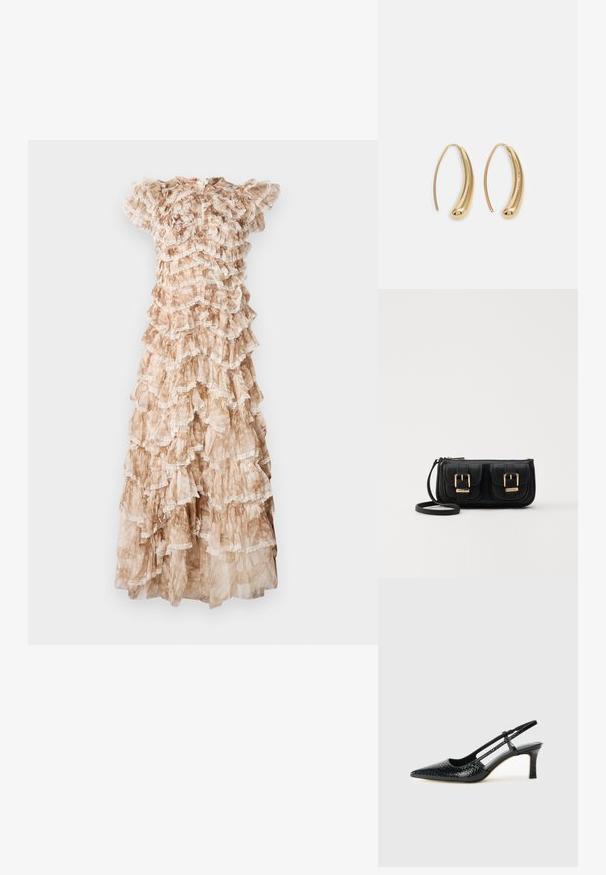 Robe longue et volante en tissu léger et transparent dans des tons beiges et bruns, avec des détails en dentelle et de courtes manches flottantes.; Escarpin slingback en vernis noir avec un bout pointu, présentant un imprimé serpent texturé, une sangle réglable et un petit talon bloc texturé.; Sac en cuir noir porté en travers avec deux poches avant, boucles dorées, fermeture zippée et une sangle fine. Surface texturée et forme rectangulaire compacte.; Boucles d'oreilles en métal doré en forme d'anneau, avec une forme courbée et allongée. Elles présentent une surface lisse et brillante avec une pointe arrondie pour un détail supplémentaire.