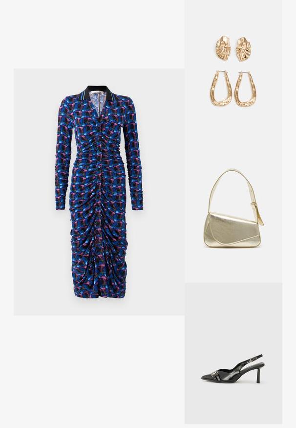 Sukienka z długim rękawem w wielokolorowy wzór w kratę, z marszczeniem wzdłuż ciała, kołnierzykiem i zapięciem na guziki.; Czarne lakierowane buty typu slingback z ostrym noskiem, paskami na kostkach z srebrnymi klamrami i elementami metalowymi oraz smukłym obcasem.; Złota metaliczna torebka o strukturalnym designie, gładkiej powierzchni i regulowanym pasku. Charakteryzuje się unikalnym trójkątnym kształtem i minimalistycznym przeszyciem.; Złote kolczyki w odcieniu, prezentujące teksturowane, faliste kształty. Zawierają rzeźbiarskie klipsy i otwarty projekt kółek z młotkowanym wykończeniem.