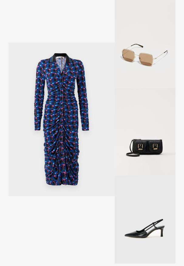 Vestido de mangas compridas com um padrão de xadrez multicolorido, apresentando drapeados ao longo do corpo, um decote com colarinho e fecho com botões.; Salto slingback em patente preta com bico apontado, apresentando um padrão de pele de cobra texturizado, tira ajustável e um salto bloco curto e texturizado.; Óculos de sol de metal dourado com forma quadrada, lentes castanhas com tonalidade, e subtis acentos verdes e vermelhos na armação. Braços finos e elegantes.; Bolsa de ombro em couro preto com dois bolsos frontais, fivelas douradas, fecho de zíper e uma alça fina. Superfície texturizada e forma retangular compacta.