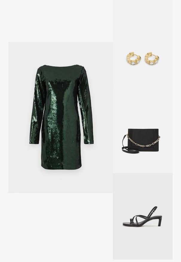 Zelené flitrové šaty s dlouhými rukávy a čtveratým výstřihem, které mají přiléhavý střih a lesklý, texturovaný povrch.; Černé sandály na tenkém podpatku se čtveratou špičkou a nízkým blokovým podpatkem. Mají několik tenkých popruhů a nastavitelné zapínání okolo kotníku. Vyrobeny z hladké kůže.; Černá kožená crossbody taška s hladkým povrchem, obdélníkovým tvarem a kovovým řetízkem na přední straně. Součástí je nastavitelný popruh.; Zlaté kruhové náušnice s texturovaným designem a třemi jasnými krystalovými akcenty na jedné straně, které nabízejí moderní geometrickou estetiku.