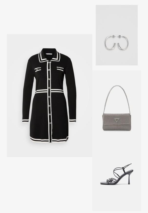 Fekete ruha galléros nyakkal, fehér díszítéssel, két mellzsebbel és ezüst gombokkal. Kötött anyagból készült, hosszúujjú kivitel.; Fekete magas sarkú szandálok vékony pántokkal, csomózott mintával, sima négyzetes orral és karcsú stiletto sarkal rendelkeznek.; Világosszürke fémes kézitáska lánc pánttal, kis kör alakú fém kifinomult díszítéssel és háromszög alakú márkagéppel.; Ezüst karika fülbevalók sima, fényes felülettel. Lekerekített forma, könnyű kialakítással, tűs zárómechanizmussal.