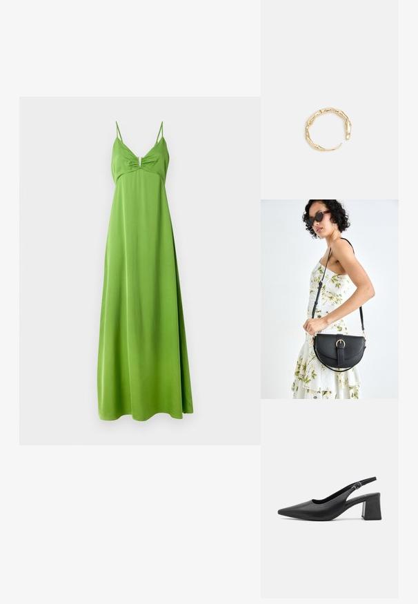Zelené, bezrukávové maxi šaty s priliehavým telom a mäkkou, voľne padajúcou sukňou. Obsahujú nariasený detail v oblasti hrudníka a tenké ramienka.; Čierna kožená sandálová topánka na opätku s vyvýšeným špičatým prstom a robustným blokovým opätkom. Obsahuje nastaviteľný remienok s kovovou prackou.; Čierna kožená kabelka s zaobleným tvarom, odnímateľným popruhom a zlatými doplnkami. Kabelka má klopu s detailom s prackou.; Prsteň v zlatej farbe s organickým, skrúteným dizajnom, hladkým povrchom a zužujúcimi sa koncami, vytvárajúci moderný, sochársky vzhľad.
