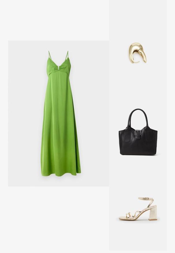 Zelené maxi šaty bez rukávů s přiléhavým korzetem a měkkou, volně splývavou sukní. Obsahují nabírané detaily na prsou a tenké ramínka.; Zign LEATHER - Sandály na vysokém podpatku - gold; Černá kožená tote taška s hladkým povrchem, strukturovaným tvarem, dvěma uchy a výrazným stříbrným detailem s přezkou na přední straně.; Náušnice ve zlatém tónu z kovu s elegantním zakřiveným designem. Vyznačují se jedinečným špičatým tvarem, lesklým povrchem a závěsem na kloub.