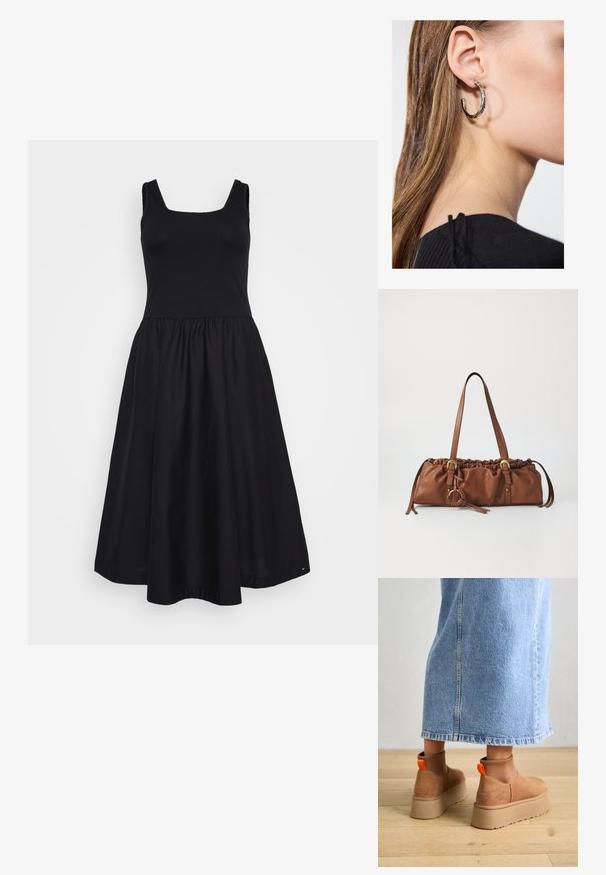 Vestido preto com um corpete justo em malha canelada e uma saia rodada. Apresenta um decote quadrado, alças largas e uma textura de tecido suave.; Botas plataforma em camurça castanha com painéis laterais elásticos e puxadores laranja, combinadas com uma saia de ganga clara até ao joelho, em um chão de madeira.; Bolsa de mão em pele castanha com parte superior franzida, alças ajustáveis e detalhes em metal. Apresenta um detalhe redondo trançado de lado.; Brinco de argola prateada com acabamento polido, apresentando pequenos detalhes em dourado e uma forma redonda, usado na orelha.