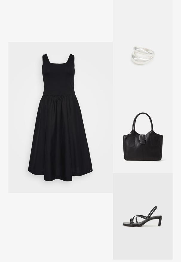 Vestito nero con un corsetto aderente a coste e una gonna svasata. Presenta una scollatura quadrata, spalline larghe e una texture di tessuto liscia.; Sandalo nero con cinturini, dalla punta squadrata e tacco basso a blocco. Presenta diversi cinturini sottili e una cinturini regolabile alla caviglia. Realizzato in pelle liscia.; Borsa tote in pelle nera con texture liscia, forma strutturata, due manici e un evidente dettaglio in fibbia argentata sul davanti.; Anello doppio in argento con superficie liscia e lucida. Presenta un design fluido e curvo con sezioni sovrapposte per un aspetto moderno.