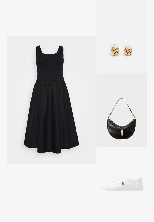 Črna obleka z usklajenim rebrastim zgornjim delom in razširjenim krilom. Ima kvadratni izrez, široke naramnice in gladko teksturo tkanine.; Bela usnjena teniski čevlji, nizki model, z gladko teksturo, okrogle konice, vezavi spredaj ter majhnim vezenim logotipom na strani.; Črna usnjena torbica v obliki polmeseca. Ima zlato kovinsko dekoracijo in ozek trak. Gladka tekstura, z zadrgo na vrhu.; Klavirske uhani v zlatem tonu s zvitim dizajnom. Vsak uhán je opremljen s krožno prozorno podlago za zagotavljanje varne nošnje.