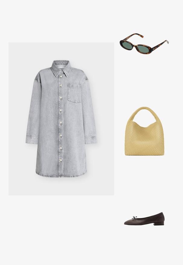 Vaaleanharmaa denimpaitamekko, jossa on napillinen edusta, terävä kaulus, pitkät hihat ja rintatasku. Sileä pinta.; Ruske kožne balerinke s zaobljenim vrhom i malim blok petom. Imaju tanke mašne sprijeda i suptilne šavove.; Kilpikonnakuosisuntit, joissa on soikeat kehykset ja vihreät linssit. Ominaisuuksiin kuuluu ohuet varret, joissa on metallinen korostus saranan lähellä.; Kudottu keltainen käsilaukku, jossa on kaareva yläkahva ja rakenne, joka ei ole jäykkä. Teksturoitu pinta sisältää ristikkäisen kuvion.