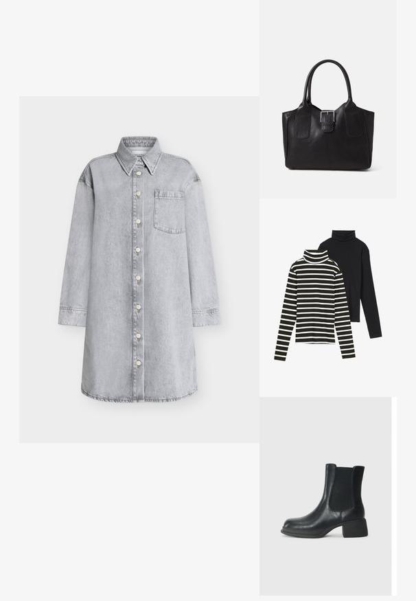 Light gray denim shirt dress featuring a button-down front, pointed collar, long sleeves, and a chest pocket. Smooth texture.; Two turtleneck tops: one black, the other featuring green and white stripes. Both have long sleeves and ribbed texture.; Black leather ankle boot with elastic side panels, rounded toe, and a low block heel. The surface has a smooth texture and minimal detailing.; Black leather tote bag with smooth texture, structured shape, two handles, and a prominent silver buckle detail on the front.
