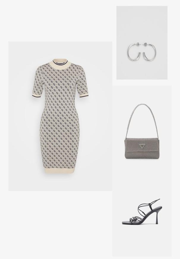 Rochie tricotată în crem, cu un model de romburi bleumarin. Are un gât rotund și mâneci scurte cu un contrast la gura mânecilor și la tiv.; Sandale negre cu toc înalt au curele subțiri cu un design legat, un vârf pătrat neted și un toc stiletto elegant.; Geantă metalică gri deschis, cu un strap din lanț, decorată cu mici ținte circulare metalice și un logo de marcă triangular.; Cercei rotunzi din argint cu un finisaj neted și strălucitor. Design ușor, având o formă rotundă și închidere cu tijă.