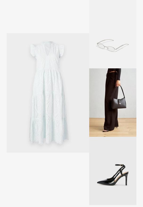 Balta akių midi suknelė su V formos iškirpte, trumpomis pūstomis rankovėmis, sluoksniuota sijonu ir dekoratyvinėmis išpjovomis gėlių raštu.; Juodas patentuotas odinis aukštakulnis batelis su siauru pirštu, reguliuojama kulkšnies juosta ir atvirais šonais. Lygi tekstūra.; Ovalios akiniai su metaliniu sidabriniu rėmu, skaidriais objektyvais ir tekstūruotais karoliukų akcentais ant šventyklų. Lengvas dizainas su kreivomis šakėmis.; Juodas rankinė struktūrizuota forma, lygi tekstūra ir metalinis užsegimas. Suporuota su plačiomis juodomis kelnėmis ir atvirais bateliais ant medinių grindų.