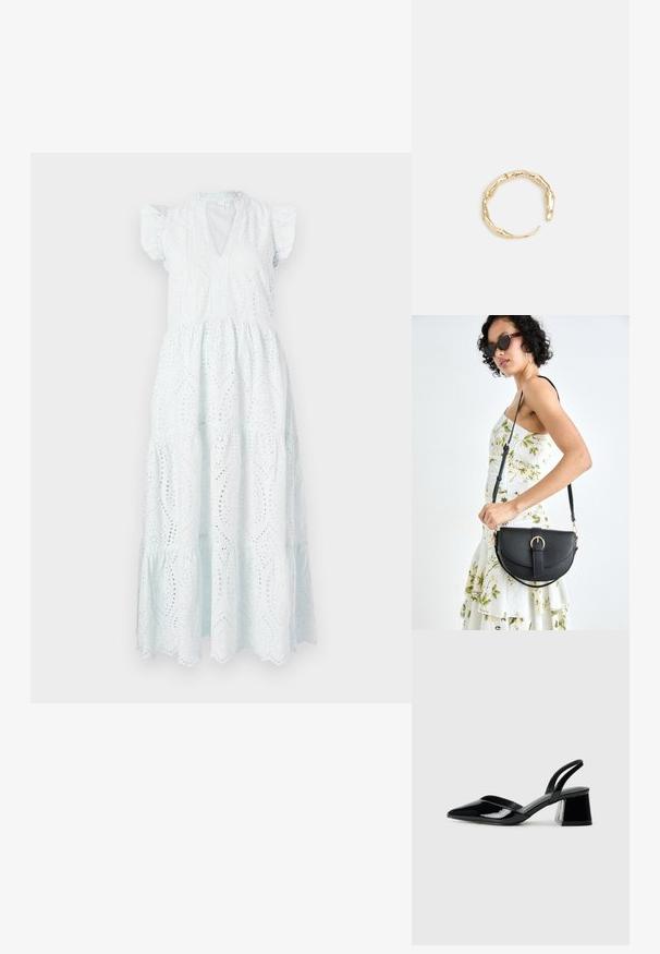 Bijela midi haljina s otvorenom čipkom, koja ima V-izrez, kratke puf rukave, potištenu suknju i dekorativne proreze u cvjetnom uzorku.; Crne lakirane kožne sandale s otvorenom petom i špicastim vrhom, s geometrijskom blok petom. Imaju elegantan, minimalistički dizajn i glatku teksturu.; Crna kožna torba s lukovitim oblikom, odvojivim remenom i zlatnim detaljima. Torba ima preklop s kopčom.; Prsten u zlatnoj nijansi s organskim, uvijenim dizajnom, glatkom teksturom i suženim krajevima, koji stvara moderan, skulpturalni izgled.