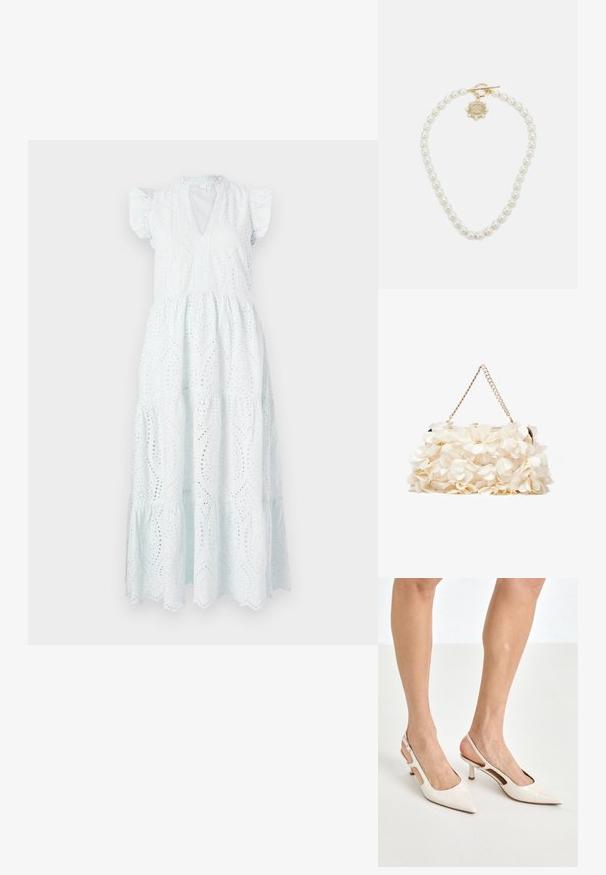 Biała sukienka midi z haftem, z dekoltem w kształcie V, krótkimi bufkami, warstwową spódnicą oraz ozdobnymi wycięciami w kwiatowy wzór.; Beżowe lakierowane szpilki z odkrytą piętą, zakończone spiczastym noskiem i 5 cm obcasem, z wyciętymi bokami oraz cienkim paskiem na kostce.; Biała torebka kwiatowa z marszczoną powierzchnią z tkaniny, złotą łańcuszkową rączką i metalowym zapięciem. Posiada teksturowane płatki jako dodatkowy detal.; Lauren Ralph Lauren - Naszyjnik