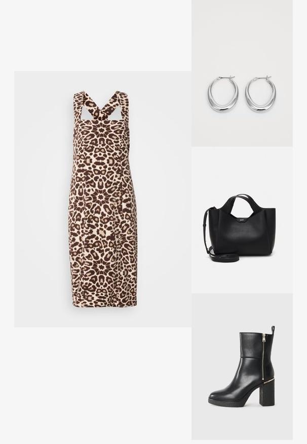 Šaty s leopardím vzorem, které mají úzký střih, široké ramínka a výřezy. Vyrobené z hladkého materiálu v hnědých a béžových tónech.; Černé kotníkové boty vyrobené z hladké kůže, s bočním zipem a texturovaným blokovým podpatkem. Design na klips s kulatou špičkou.; Černá kožená taška s texturovaným povrchem, úhlovým tvarem, dvojitými uchy a nastavitelným popruhem na rameno. Obsahuje akcent s logem DKNY.; Pár leštěných stříbrných půlměsíčních náušnic s kloubovými sponami na bílém pozadí.