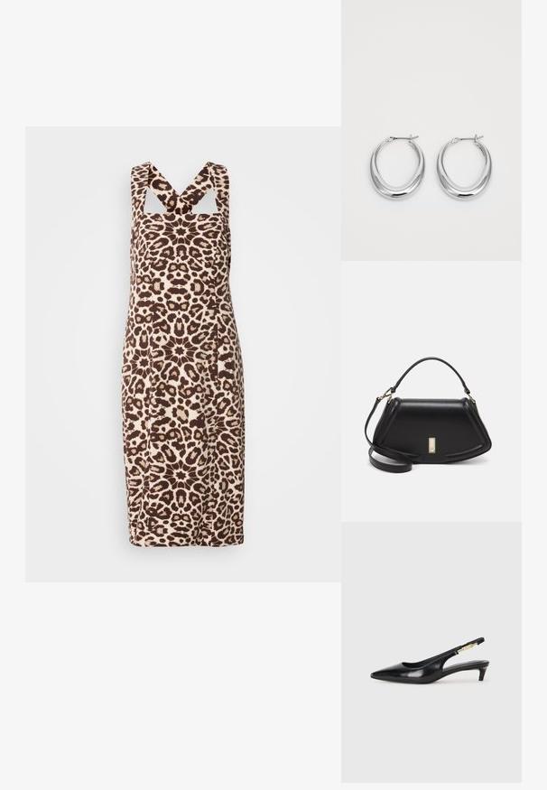 Lauvas raksta kleita ar pieguļošu dizainu, ar platām siksnām un griezuma detaļām. Izgatavota no gludas auduma brūnā un bēša krāsā.; Melnas ādas slingback zābaki ar smailu purngalu, ar šauru papēdi un zelta krāsas akcentu uz regulējama siksniņas. Gluda tekstūra.; Melnas ādas roku soma ar struktūru, ar īsu formu, augšējo rokturi un zelta aksesuāriem. Iekļauta regulējama plecu siksna.; Pulētas sudraba pusmēness formas auskaru pāris ar eņģu sprādzēm uz balta fona.