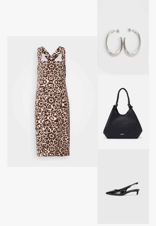 Lauvas raksta kleita ar pieguļošu dizainu, ar platām siksnām un griezuma detaļām. Izgatavota no gludas auduma brūnā un bēša krāsā.; Melnas ādas slingback zābaki ar smailu purngalu, ar šauru papēdi un zelta krāsas akcentu uz regulējama siksniņas. Gluda tekstūra.; Melnas ādas somiņa ar teksturētu apdari, mezglota roktura akcenti un zelta logo detaļa apakšā. Iedzimta izliekta silueta.; Sudraba riņķveida auskari ar gludu, izliekta dizaina formu. Iezīmējas ar spīdīgu metāla apdari un pievienojamu aizdari. Nav redzamu rakstu vai akcentu.