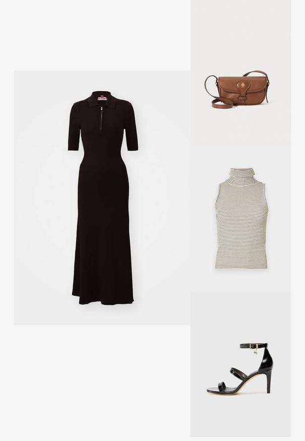 STAUD ROLAND DRESS - Svetríkové šaty - dark brown; Halenka bez rukávov s vysokým golierom a vertikálnymi čierno-bielymi pruhmi, vyrobená z textúrovanej pleteniny.; Čierne lakované sandále s tromi pásikmi, spona na členku a 10 cm ihlovým podpätkom. Obsahujú zlaté detaily s hardwarem a logo prívesok.; Hnedá kožená taška cez telo s zakriveným klopom, zlatými doplnkami a dekoratívnym logom. Popruh je nastaviteľný a má hladkú textúru.