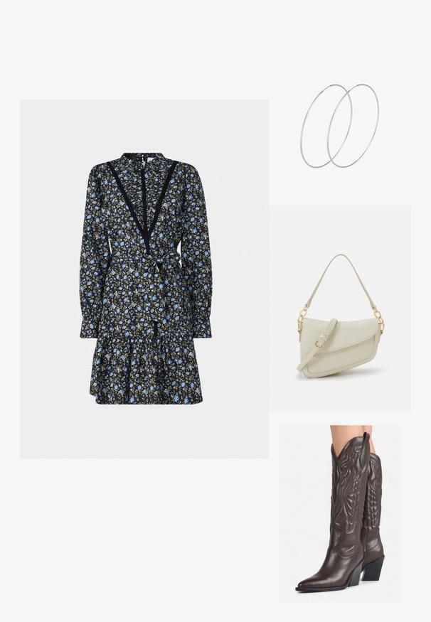 Blumenkleid mit langen Ärmeln, marineblauem Hintergrund, blauen und grünen Blumen, Spitzenbesatz entlang des Ausschnitts und einem Bindegurt in der Taille.; Braune Leder-Cowboy-Stiefel mit spitzem Punkt und Blockabsatz, die über detaillierte Stickereien und hervorgehobene Akzente am Schaft verfügen.; Kleine cremefarbene Handtasche mit strukturiertem Finish, einem langen verstellbaren Tragegurt, einem Kettenakzent und einem Klappenverschluss. Goldene Hardware-Details.; Silberne Creolen mit minimalistischem Design. Rundform, glatte Oberfläche und dünnes Profil. Leichtgewichtig mit hochglänzender Oberfläche.